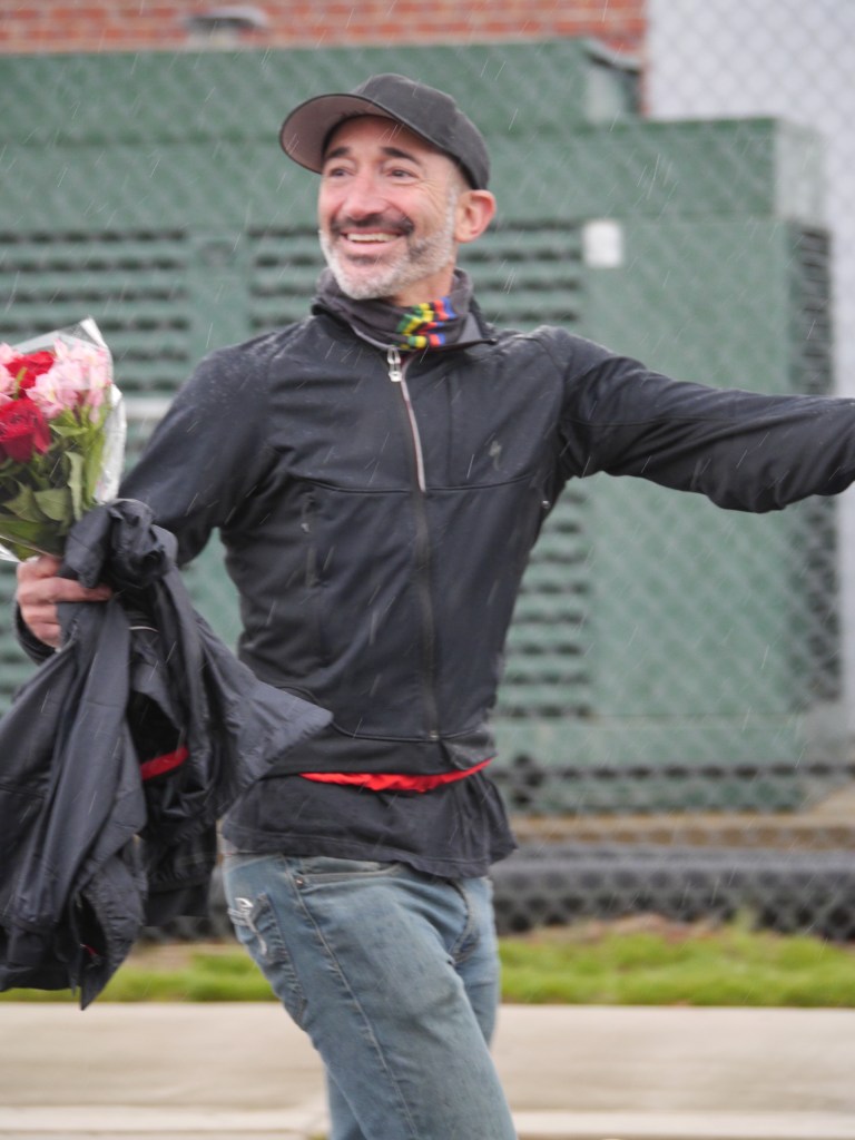 Podium fella Lee was prepared with flowers for Taryn's win!