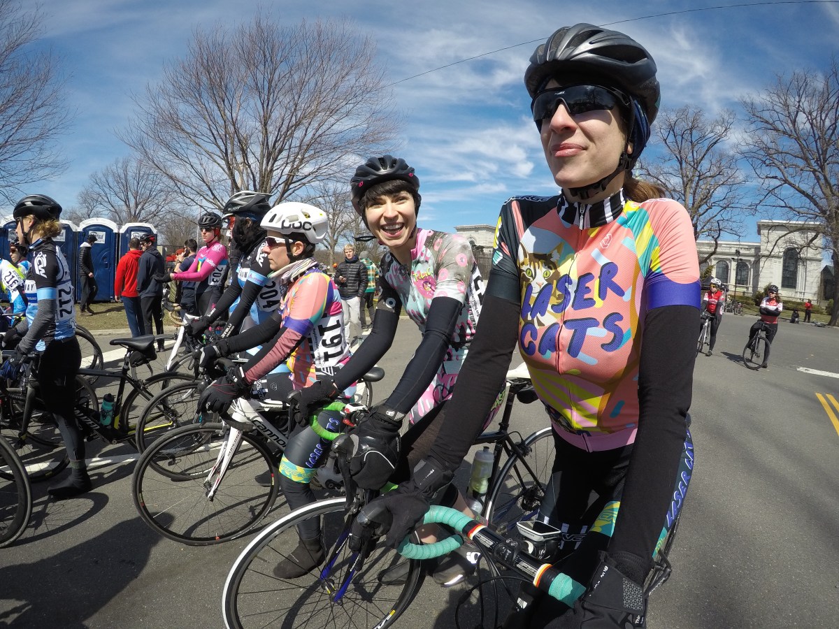 Start line of bike racers in a road race